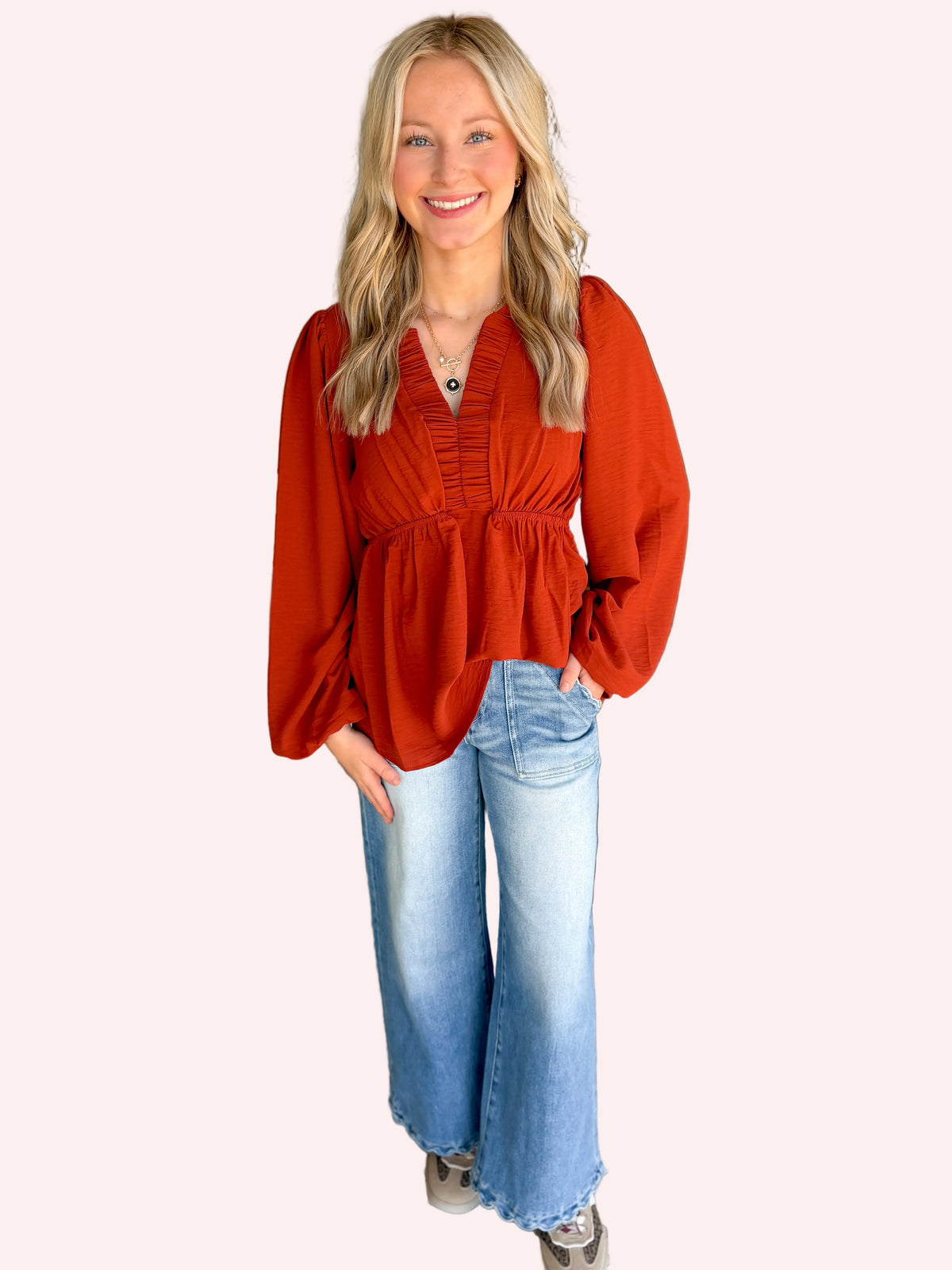 The Pumpkin Spice Rust Babydoll Blouse | Women’s Fall Top