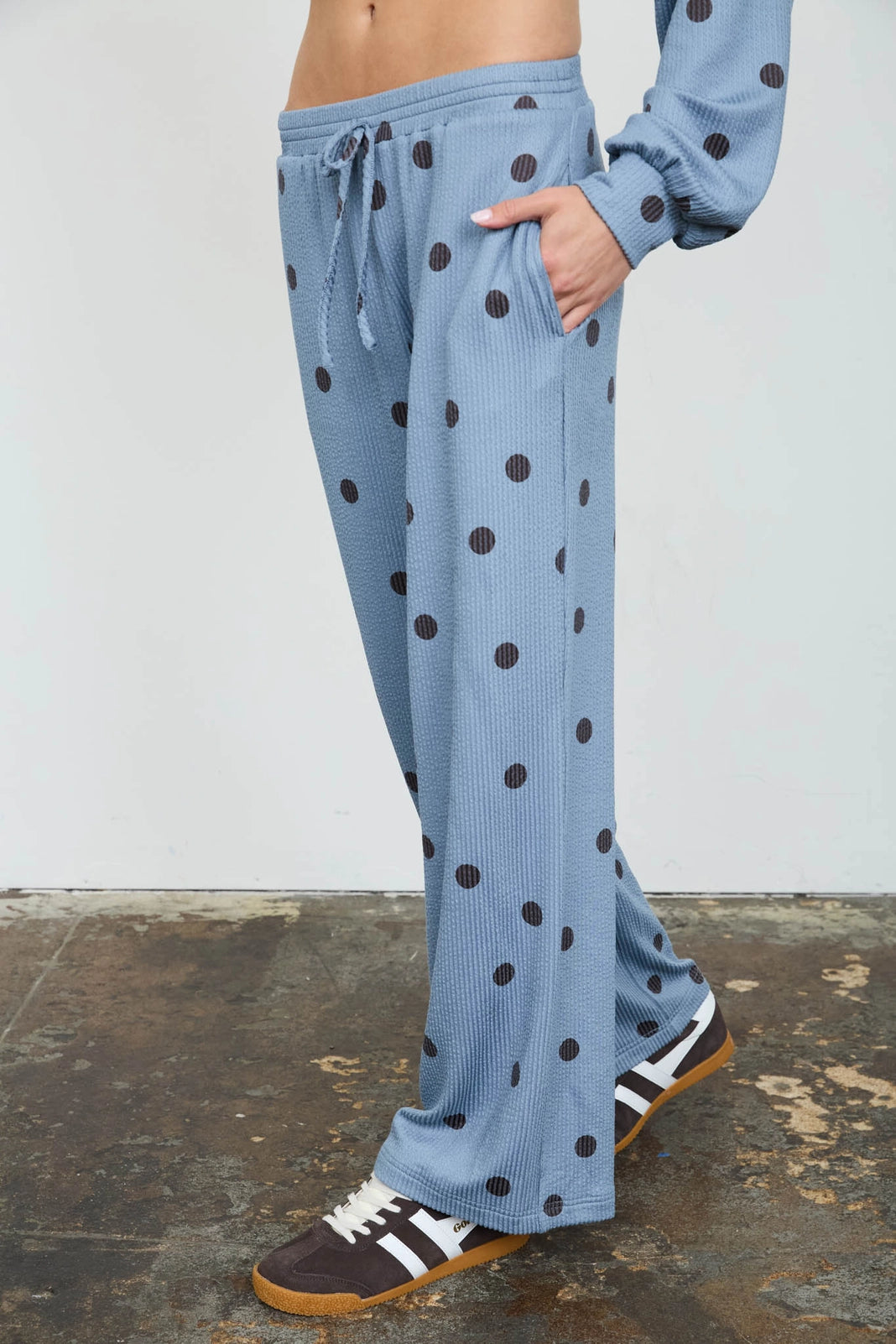 Polka Dot Textured Drawstring Wide Leg Pants