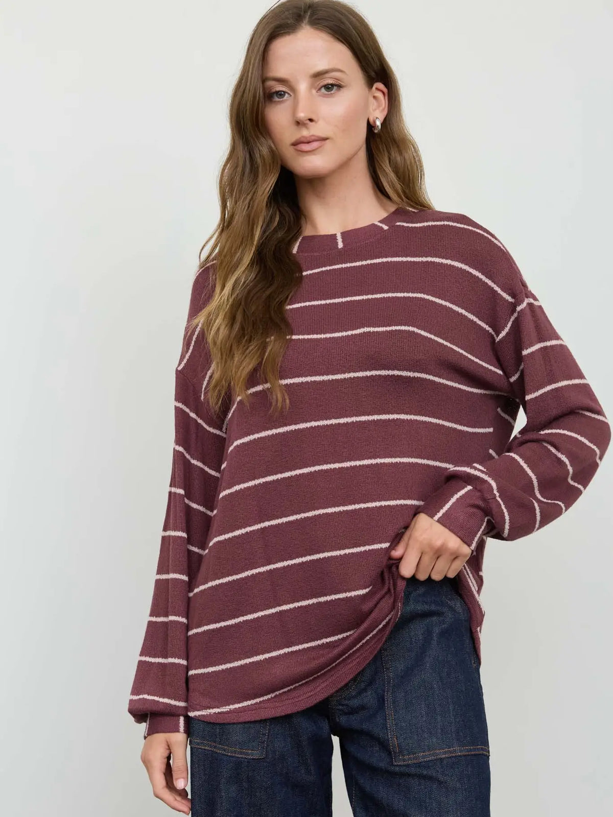 Stripe Long Sleeve Cuffed Relaxed Knit Top