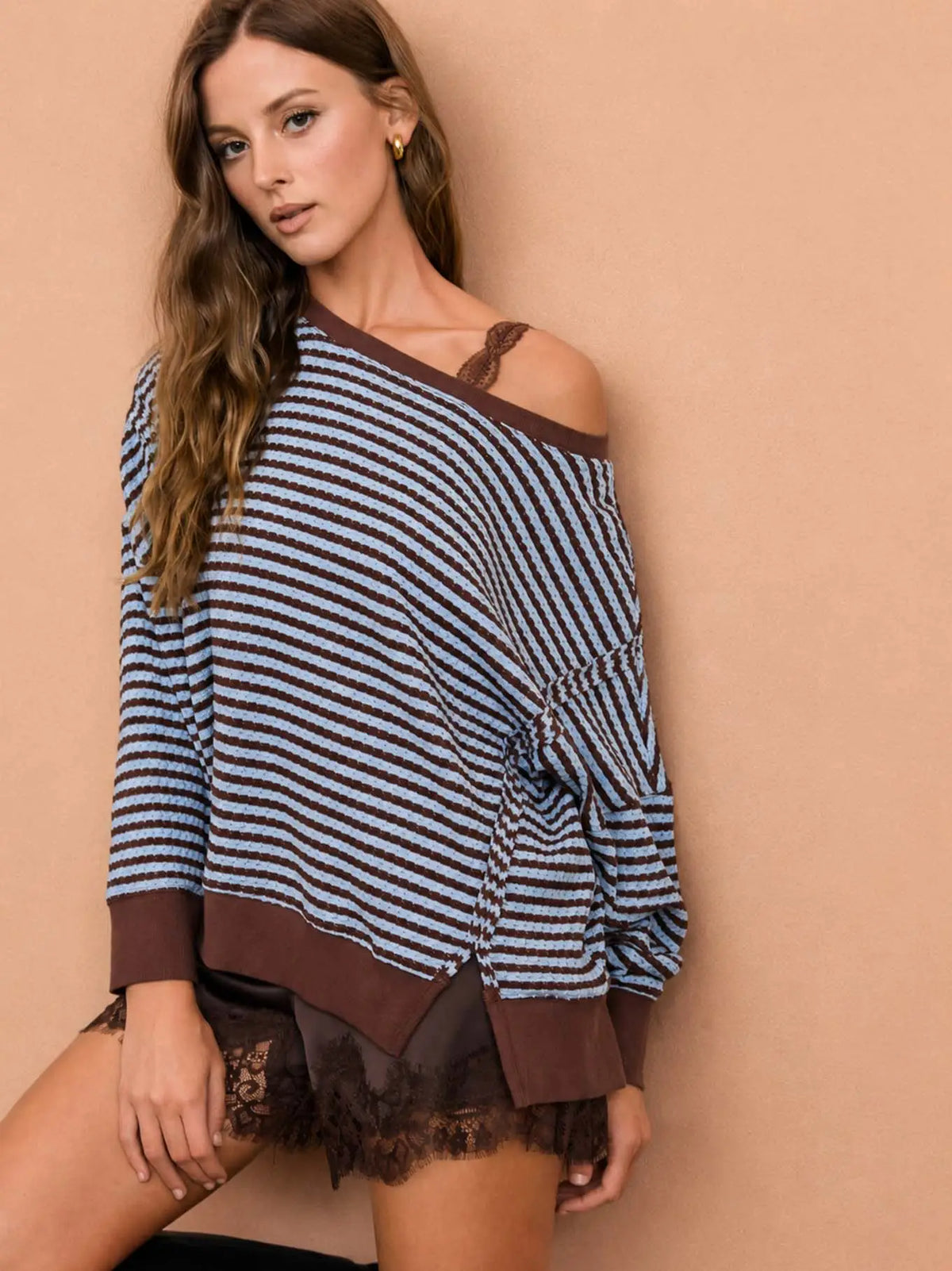 Stripe Exposed Seam Split Hem Long Sleeve Knit Top