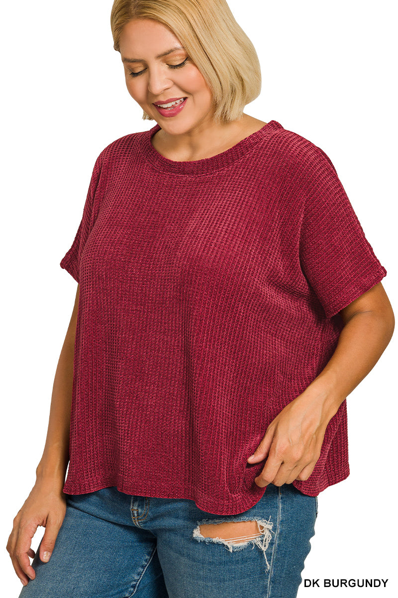 PLUS CHENILLE WAFFLE CAP SLEEVE SWEATER RED