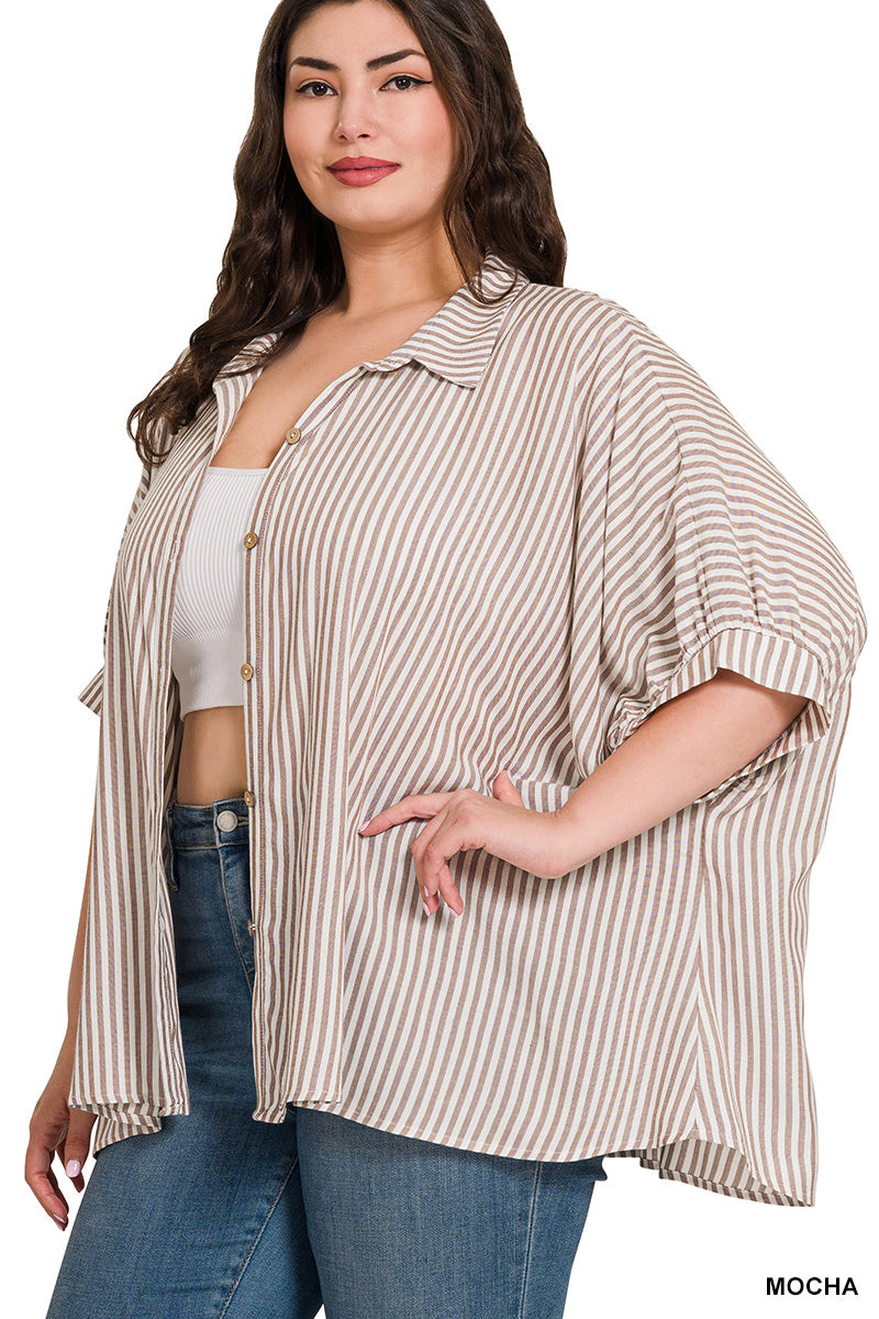 PLUS RAYON STRIPED SHORT SLEEVE BUTTON UP SHIRT-MOCHA