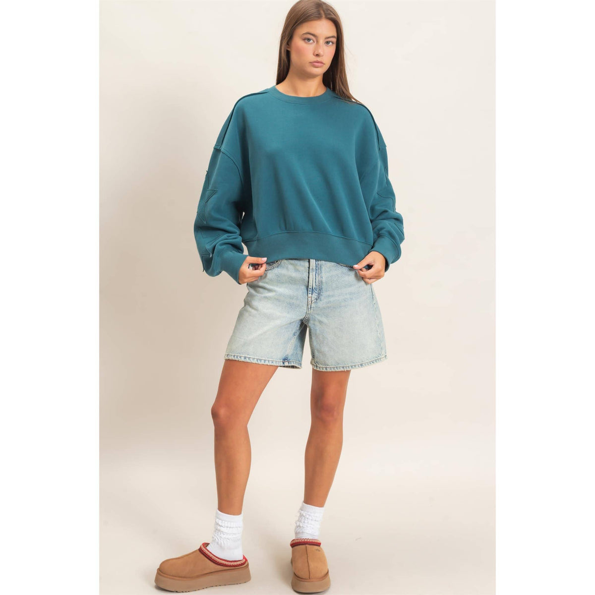 Starstruck Teal Star Sleeve Sweatshirt | Women’s Pullover