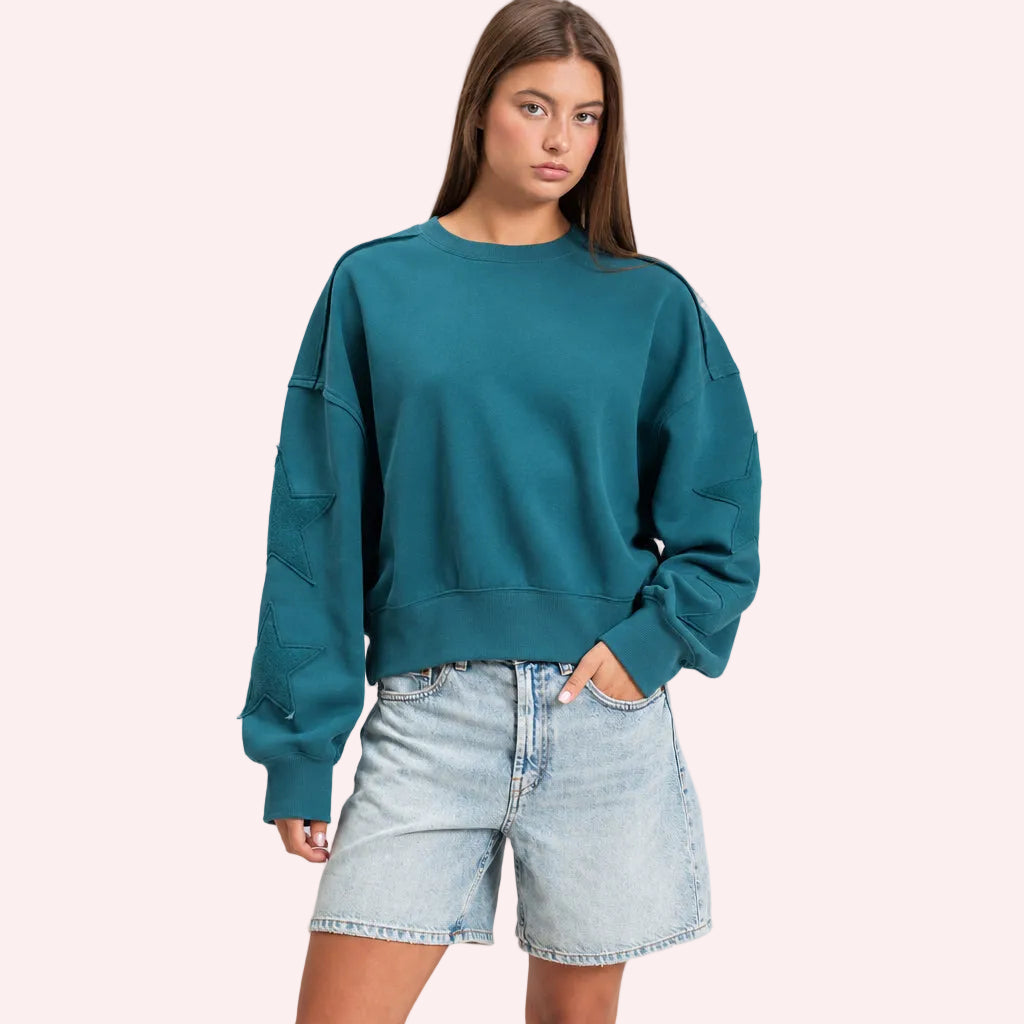 Starstruck Teal Star Sleeve Sweatshirt | Women’s Pullover