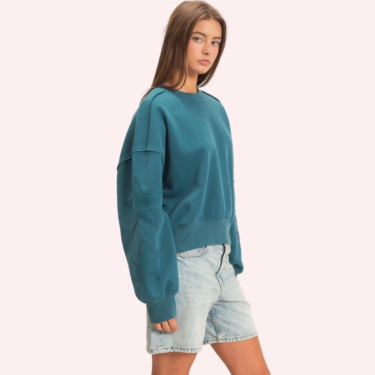 Starstruck Teal Star Sleeve Sweatshirt | Women’s Pullover