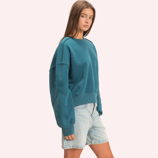 Starstruck Teal Star Sleeve Sweatshirt | Women’s Pullover
