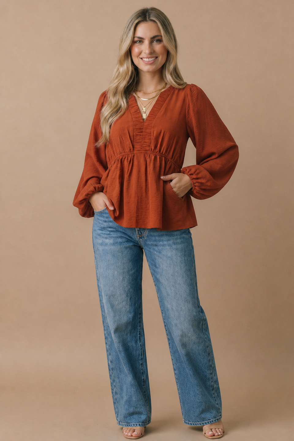 The Pumpkin Spice Rust Babydoll Blouse | Women’s Fall Top