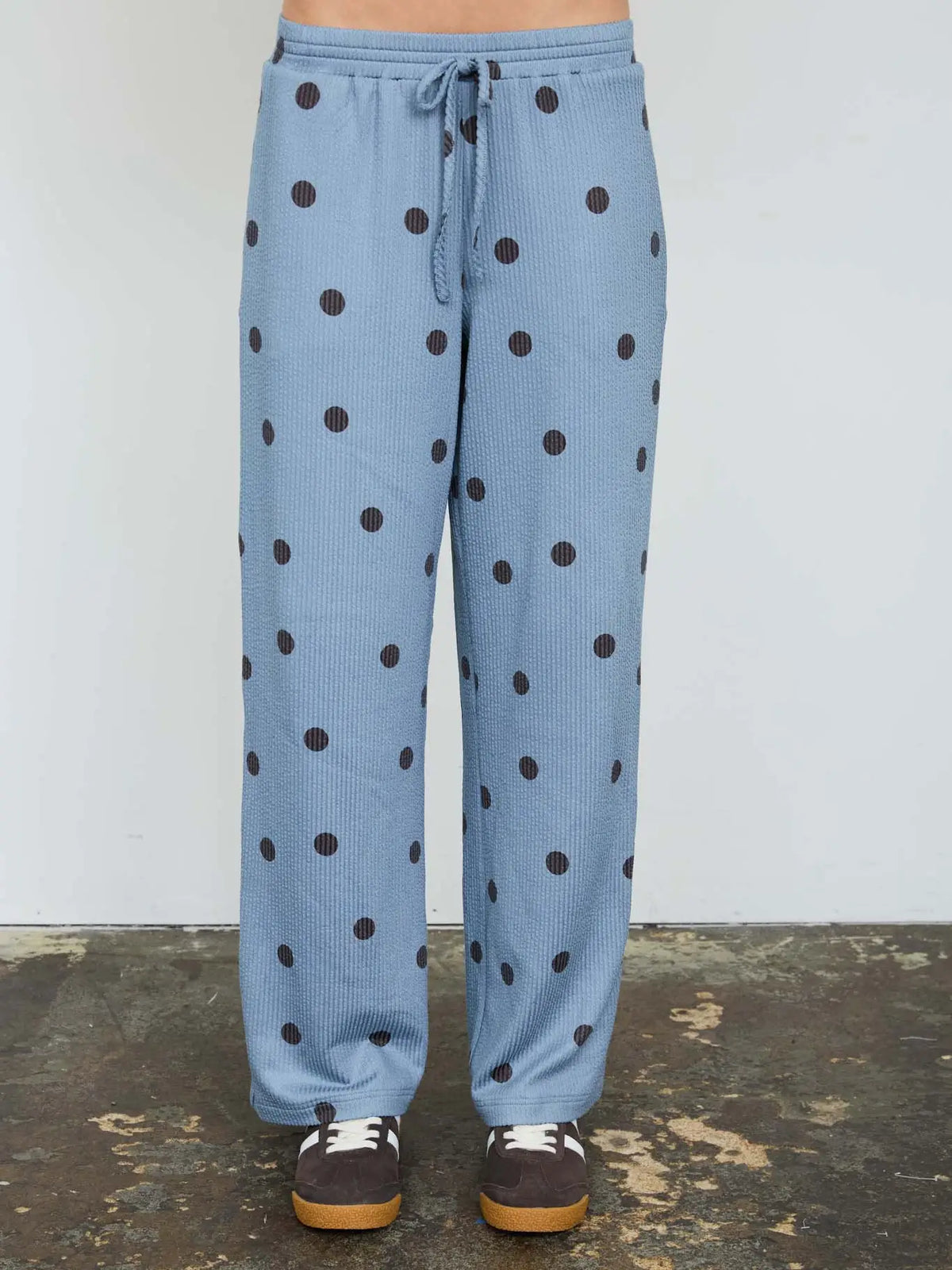 Polka Dot Textured Drawstring Wide Leg Pants