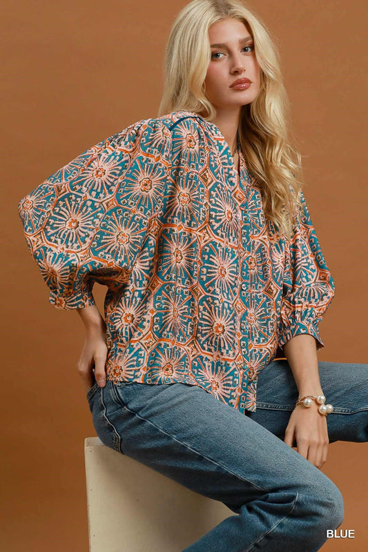 Abstract Print Button-Front Blouse