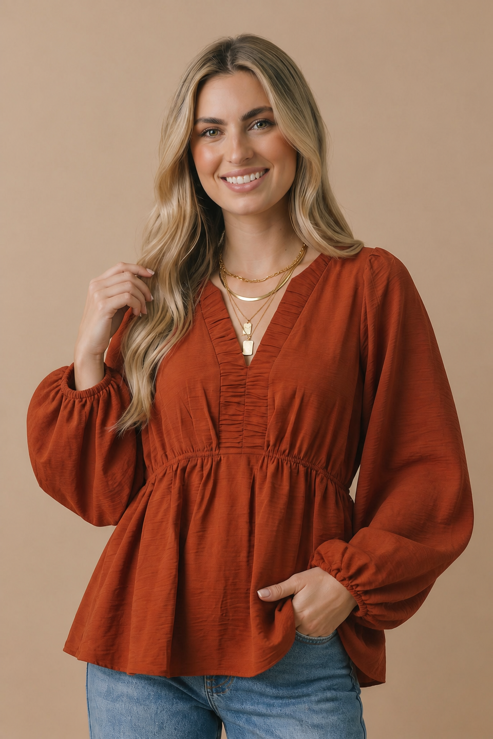 The Pumpkin Spice Rust Babydoll Blouse | Women’s Fall Top
