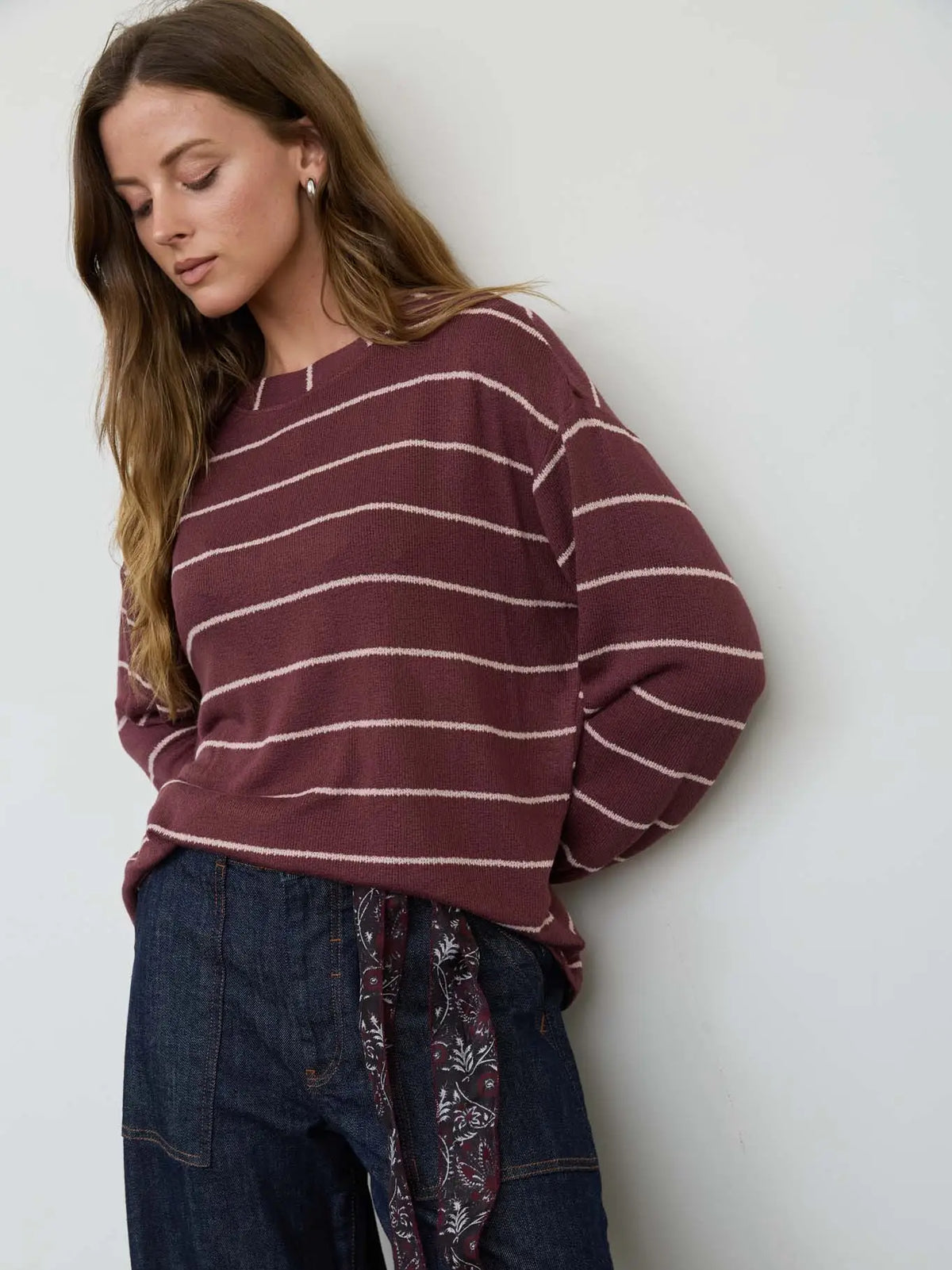 Stripe Long Sleeve Cuffed Relaxed Knit Top