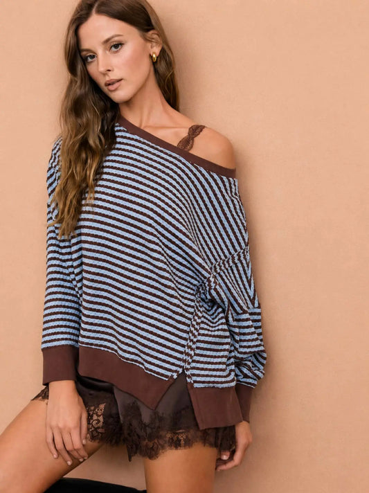 Stripe Exposed Seam Split Hem Long Sleeve Knit Top