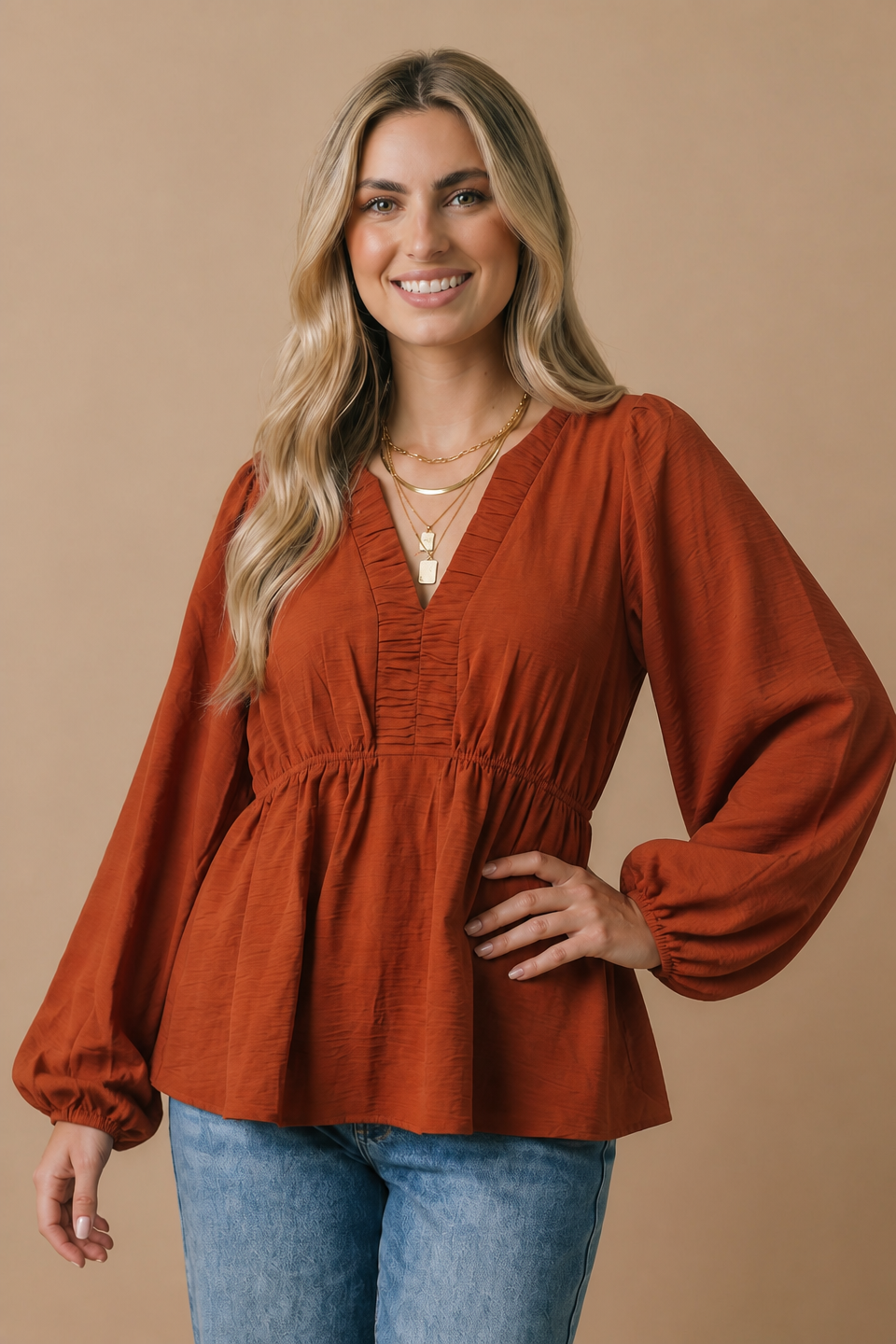The Pumpkin Spice Rust Babydoll Blouse | Women’s Fall Top