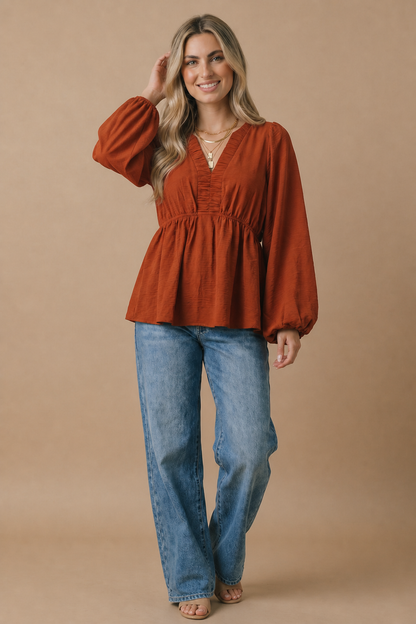 The Pumpkin Spice Rust Babydoll Blouse | Women’s Fall Top