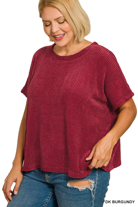 PLUS CHENILLE WAFFLE CAP SLEEVE SWEATER RED