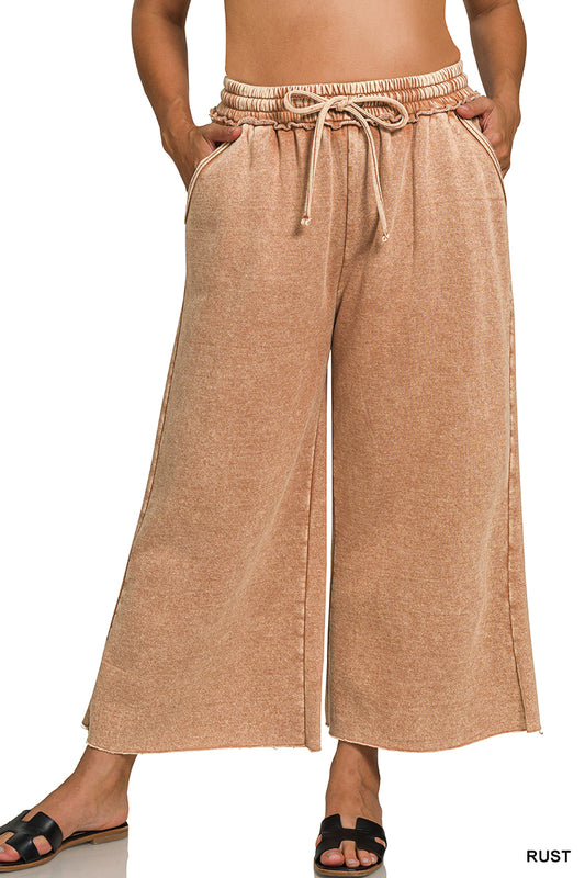 Plus acid wash fleece sweatpants with pockets rust