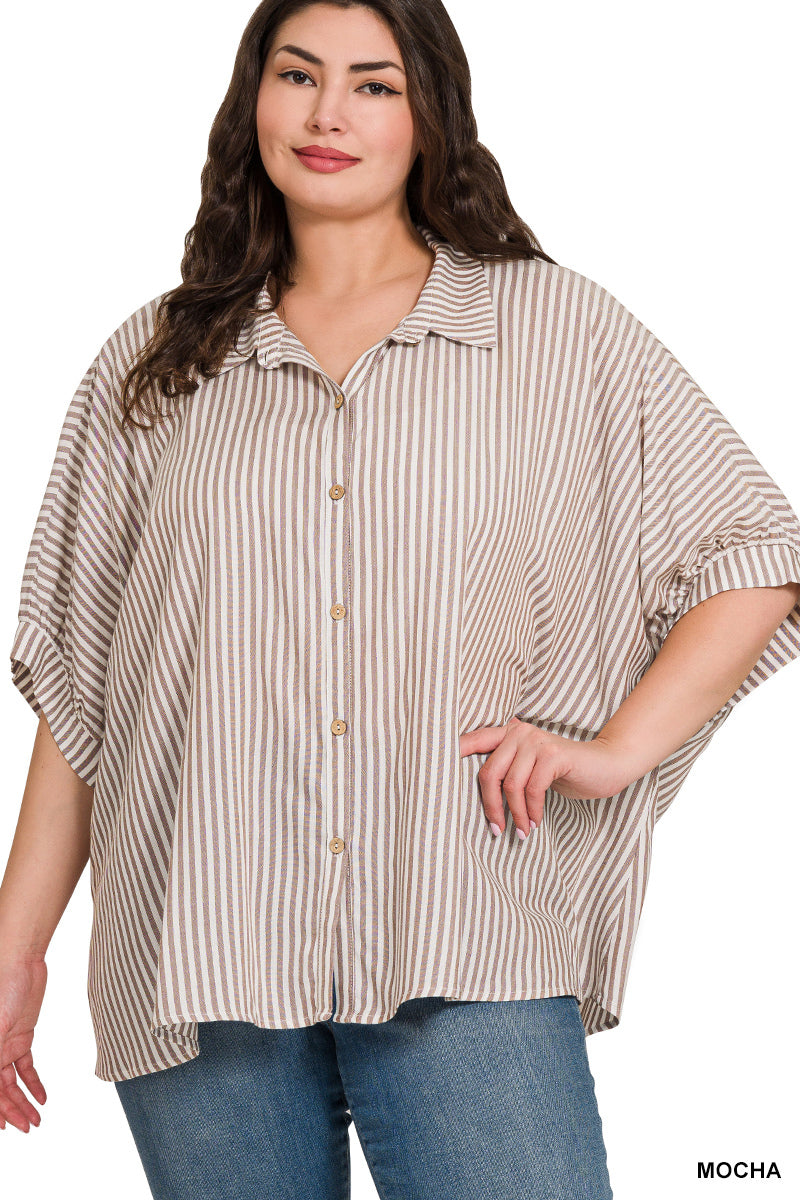 PLUS RAYON STRIPED SHORT SLEEVE BUTTON UP SHIRT-MOCHA