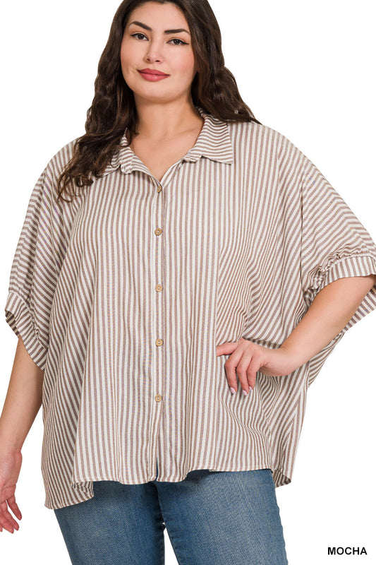 PLUS RAYON STRIPED SHORT SLEEVE BUTTON UP SHIRT-MOCHA