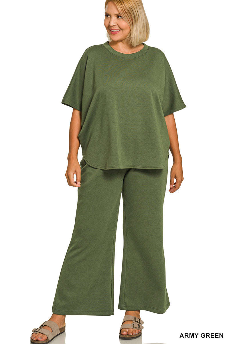 PLUS SCUBA CURVED HEM TOP & PANTS SET-LT OLIVE