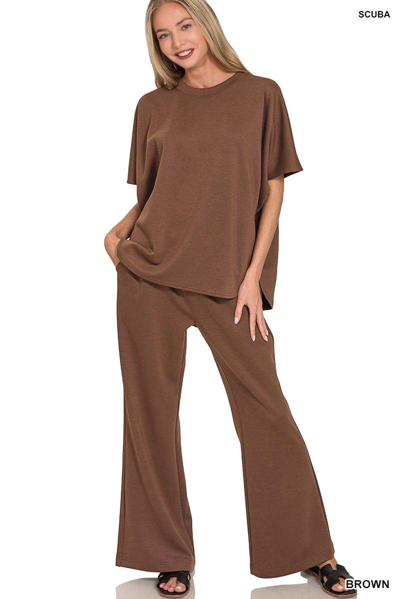 SCUBA CURVED HEM TOP & PANTS SET	BROWN