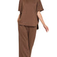 SCUBA CURVED HEM TOP & PANTS SET	BROWN