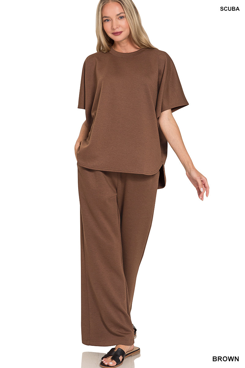 SCUBA CURVED HEM TOP & PANTS SET	BROWN