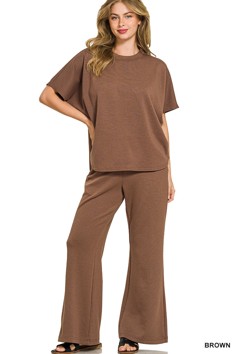 SCUBA CURVED HEM TOP & PANTS SET	BROWN