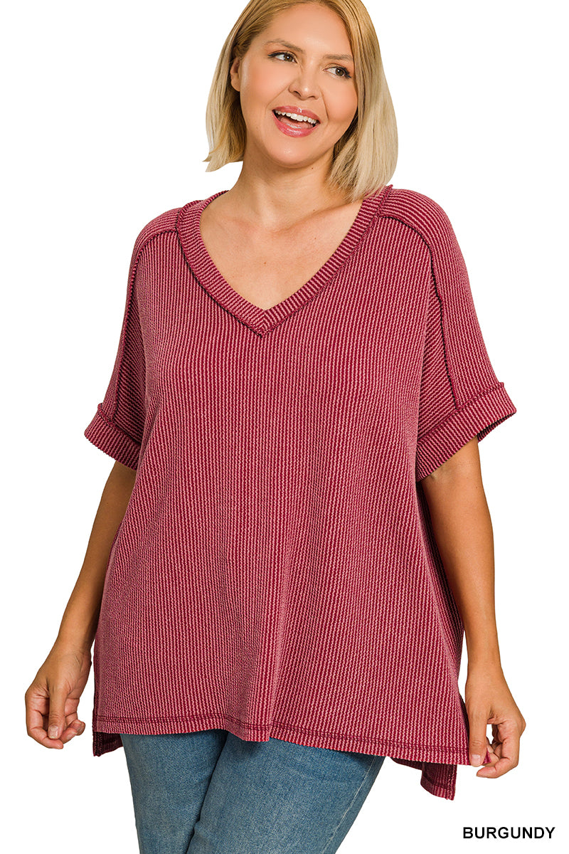PLUS RAISED RIB CUFF SLEEVE RAW EDGE TOP