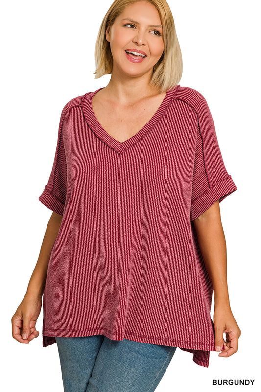 PLUS RAISED RIB CUFF SLEEVE RAW EDGE TOP