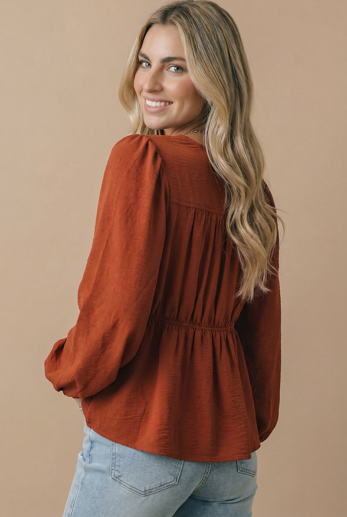The Pumpkin Spice Rust Babydoll Blouse | Women’s Fall Top