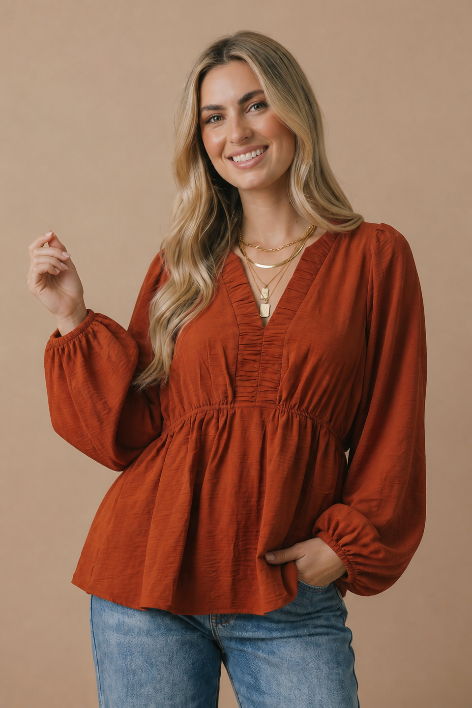The Pumpkin Spice Rust Babydoll Blouse | Women’s Fall Top