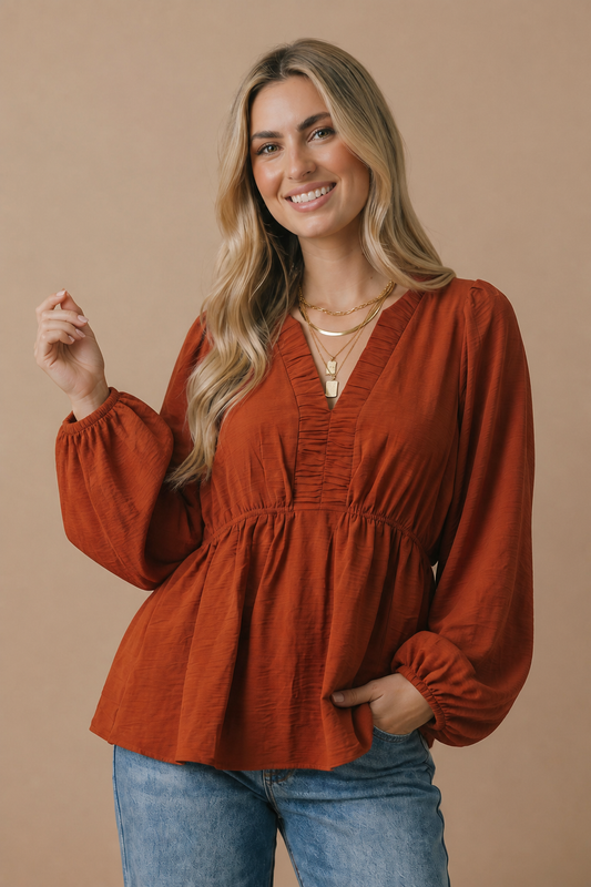 The Pumpkin Spice Rust Babydoll Blouse | Women’s Fall Top