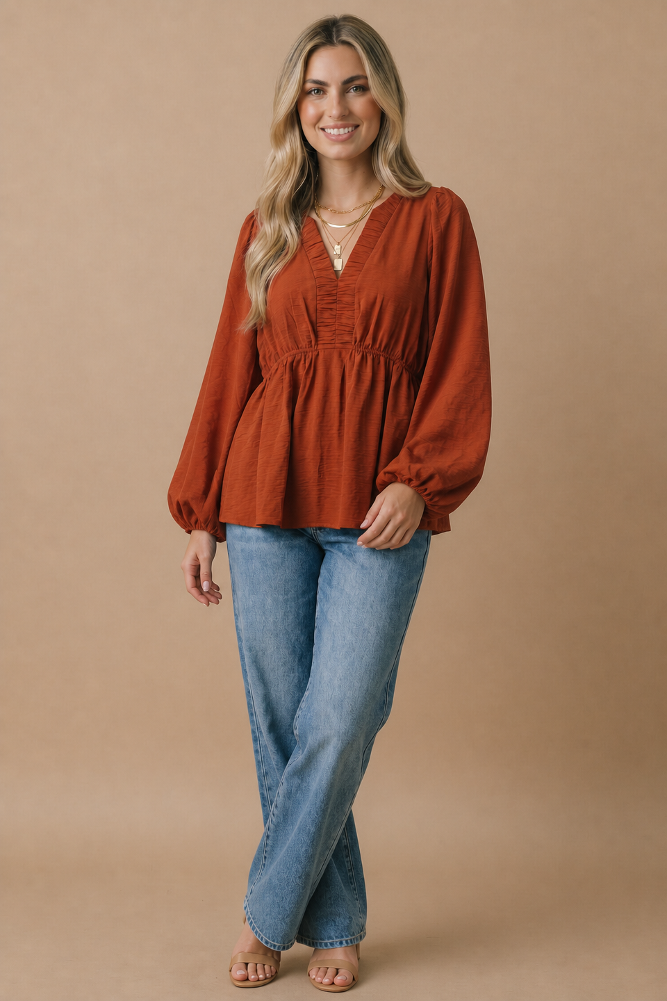 The Pumpkin Spice Rust Babydoll Blouse | Women’s Fall Top