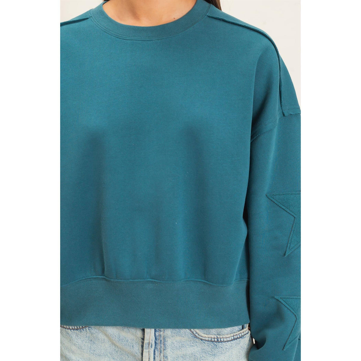 Starstruck Teal Star Sleeve Sweatshirt | Women’s Pullover