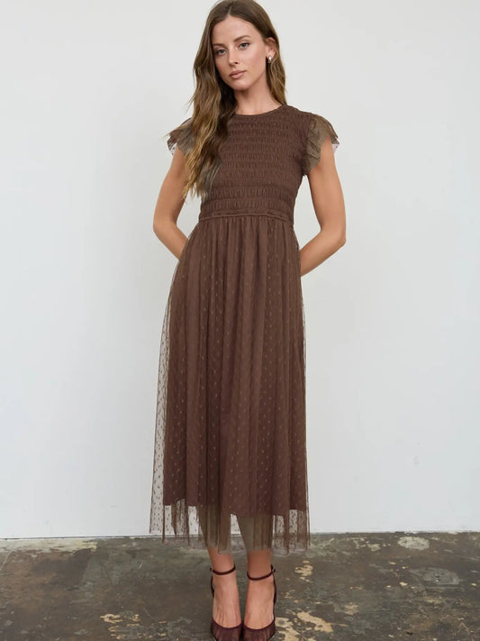 Polka Dot Chiffon Smocked Midi Dress